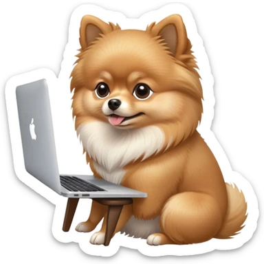 A cute Pomeranian dog working on a MacBook, side view, sitting on a chair, focused expression sticker