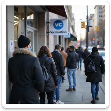 people in line outside a modern clinic or vaccination center, some masked, some talking, clear vaccination sign, urban or suburban setting, soft light, photo-realistic, documentary style, 4K resolution sticker