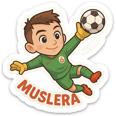 Muslera making a save in a dynamic pose, in Galatasaray colors, fun and caricature style sticker