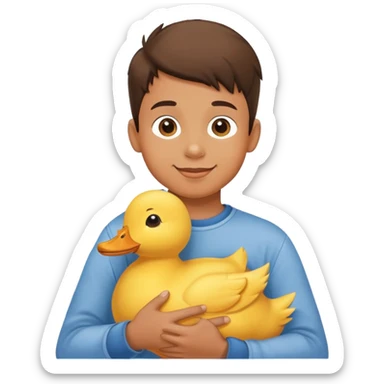 Yellow stuffed animal duck being held by a happy boy sticker
