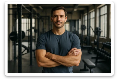 uomo sicuro di sè a braccia conserte, ben allenato e sereno, sullo sfondo una palestra sticker