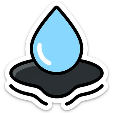 light blue or silver water droplet sliding on glossy black mirror-like paint, main color glossy black, subtle repellent effect with water lines moving away, modern and clean icon sticker