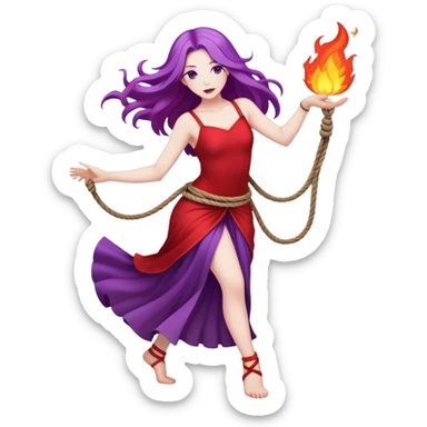 Full body rope on fire dance performer pale skin with long purple hair red dress sticker