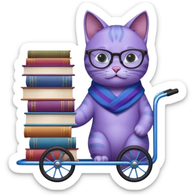 Purple and blue cat with reading glasses and a shawl, standing behind a 4 wheeled pushcart full of books sticker