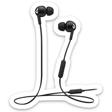 Minimal emoji, simple wired earphones sculpted from matte black metal, clean silhouette, fashion editorial minimalism, no motion effects, no glow, no neon, flat emoji style, centered, transparent background sticker