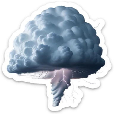 Cinematic Realistic Cumulonimbus Emoji, Towering and imposing, with dark, dramatic clouds reaching up into the sky in a billowing formation. Lightning flickers within, and the atmosphere is charged with energy, signaling a powerful storm ahead. Soft glowing outline, capturing the essence of raw power, intensity, and nature’s fury in a mighty cumulonimbus cloud! sticker