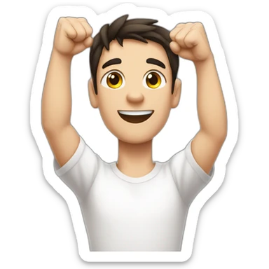 dark haired white young man in white t-shirt with both fists stretched high in victory sticker