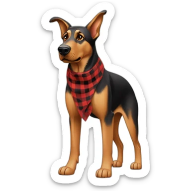 adult 75% Coonhound 25% German Shepherd mix dog with visible tail wearing small pointed red buffalo plaid bandana full body walking left quickly sticker