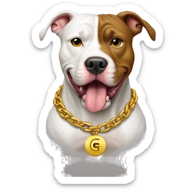 A dog pitbull with a aggressive face and wearing big gold chain on that says G sticker