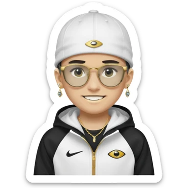 un emoji de un chico emcapuchado blanco, con gorro kalenji, dientes de oro, com uma chaqueta negra nike tech y unas gafas de oakley, con pendientes de diamante  sticker