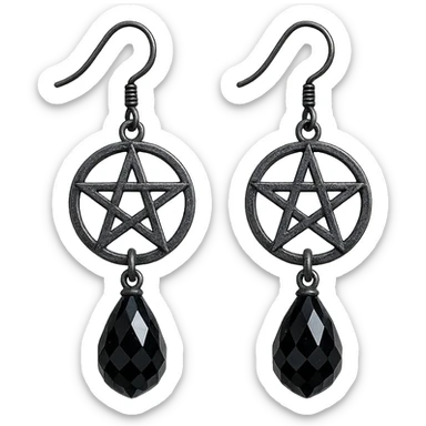 goth earrings, black crystal pentagram, occult gothic style, shimmering sticker