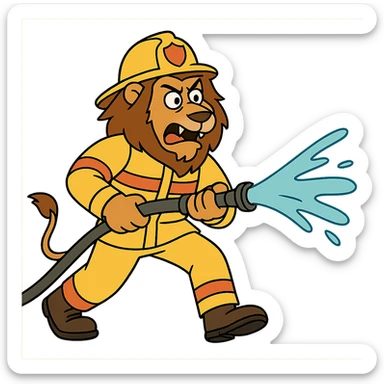 lion fireman spraying water, dynamic action, bold lines sticker