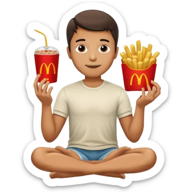 man in lotus pose eating McDonalds burger and fries sticker