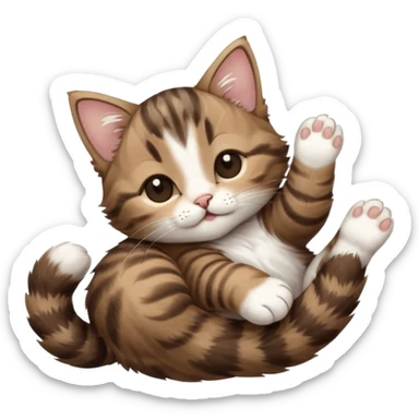 dark brown tabby and white kitten with his eyes closed whilst in funny positions stretched out and  upside down sticker