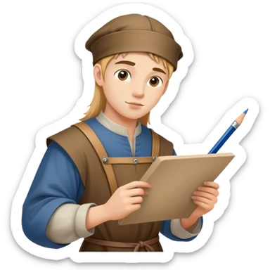 smart young medieval painter apprentice drawing paper and pencil sticker