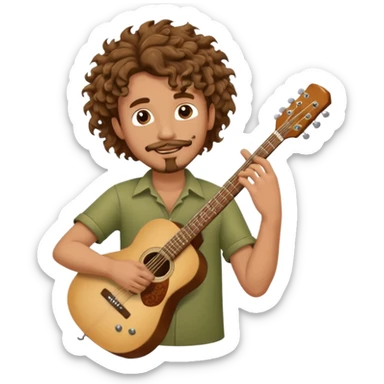 Generate a dude with curly hair and a shitty goatee who is high on marijuana playing the guitar and twisting a strand of his hair sticker