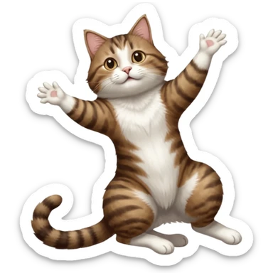 dark brown tabby and white cat with doing a big extremely long stretch reaching up into the air with arms and legs side by side together straight and overextended whilst lying on its side sticker