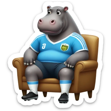 fat hippo as soccer player sit on chair sticker