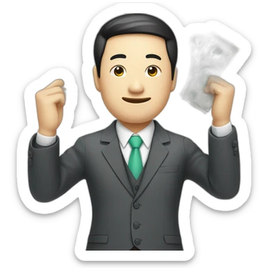 Draw a Chinese character, full body, wearing suits, with lots of RMB bills sticker