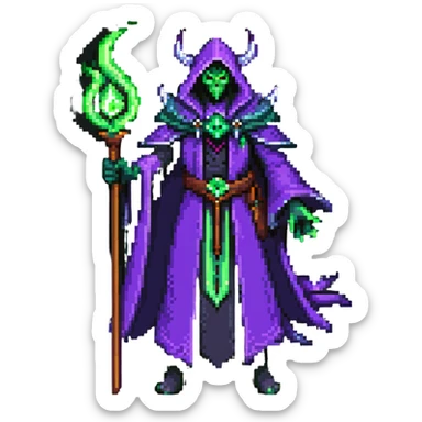 warlock with purple robes, green fel magic, demonic energy, holding a staff, World of Warcraft character sticker