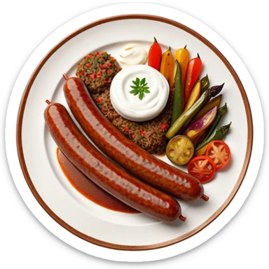 Cinematic Realistic image of a long, sausage-shaped Turkish Köfte, rendered with richly spiced meat textures and subtle grill marks, artfully arranged on a traditional Turkish ceramic plate alongside classic sides such as a serving of aromatic pilaf, crisp grilled vegetables, and a dollop of creamy yogurt, all bathed in warm, appetizing lighting that emphasizes its savory allure. sticker