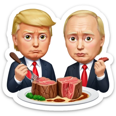 photorealistic Donald Trump and Putin eating a steak shaped like an piece of land sticker