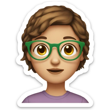 Girl with short brown hair and green eyes and circular glasses holding orange cat sticker