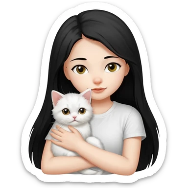 a girl with long dark black straight hair, in a white t-shirt, hugs a persian kitten 3 months old had a half spot black on her face and white one cat. emoji | AI Emoji Generator sticker
