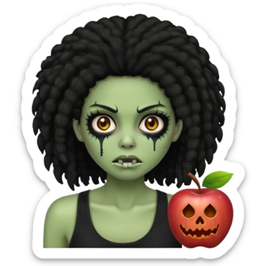 a female zombie with sage green skin, black long afro hair, eyelashes and a black tank top in apple emoji style sticker
