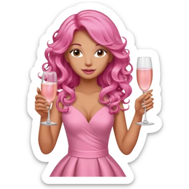 One lady with long pink curled hair and tan skin holding a glass of  pink champagne in each hand sticker