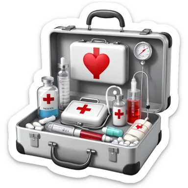 An icon featuring a medical suitcase with a red cross, a bottle of pills, a stethoscope, and a syringe, symbolizing medicine. The design includes a thermometer, bandages, and a heart monitor, representing healthcare and medical treatment. Transparent background highlights the science of healing. sticker