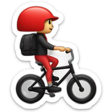 Garçon en tenue rouge sur un vélo noir vélo avec un sac tout rouge cubique, avec un logo qui représente une toque sticker
