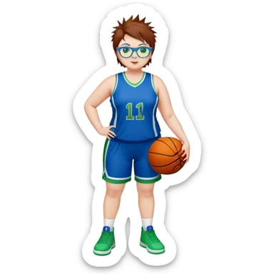 Full Body white plus size Girl with basketball spikey short brown HAIR wearing blue glasses with green eyes wearing blue and green basketball uniform PLAIN sticker