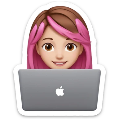 Make an apple emoji of a girl with brown hair that has pink strands of hair with her face behind a laptop screen facing her. sticker
