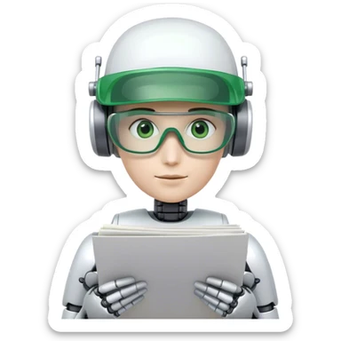 human like robot bookkeeper wearing Green eyeshades visor used by accountants and holding spreadsheets sticker