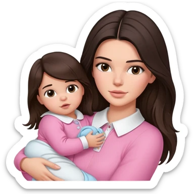 brunette Kendall Jenner with long hair holding on the hands newborn baby wear on pink collar sticker