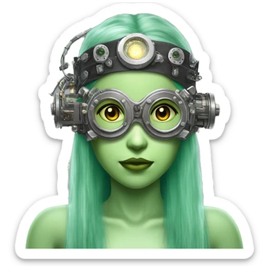 Light green long hair female cyborg head with silver steampunk goggles as a headband, circuits sticker