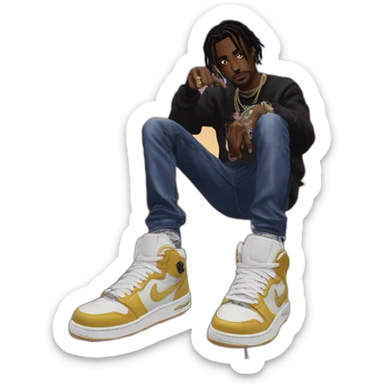 Playboi carti album cover with Travis scott and their pointing a the Travis scott shoes sticker