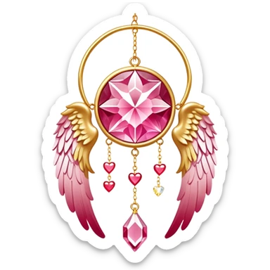 Reddish-pinkish and golden warm-colored romantic lush beautiful pretty hanging crystal-catcher aesthetic with hearts and sparkles and and white angel wings sticker
