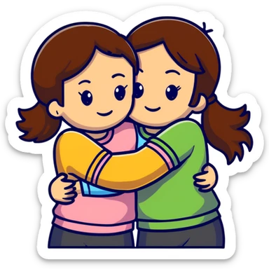 two girls hugging, one with brown hair sticker