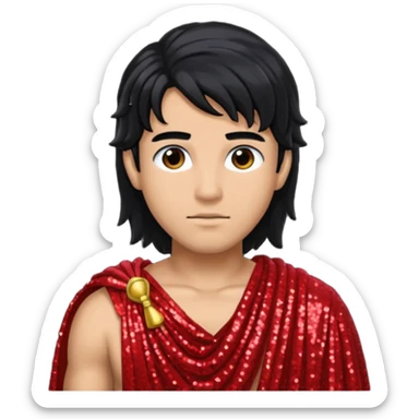 Adonis from Roman Deities with long black hair, red sequin toga sticker