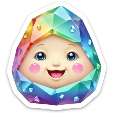 A single pastel rainbow crystal baby rock character, chubby and heavy with a chunky, irregular polygon shape,covered in faceted crystal planes and small chips, big glossy rainbow eyes and a small smiling mout sticker