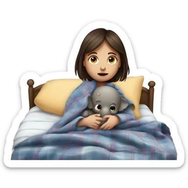 A sick brunette little girl in a bed with a fever, stomach flu, a plaid blanket and a stuffed elephant sticker