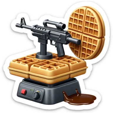 A waffle with a machine gun and poop sticker