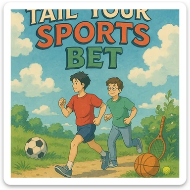 ghibli style illustration of a person following another with sports elements, representing 'tail your sports bet' sticker