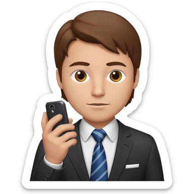Un hombre masculino,  de traje con tez clara pelo color castaño, vestido con traje camisa y corbata y celular en mano .  sticker