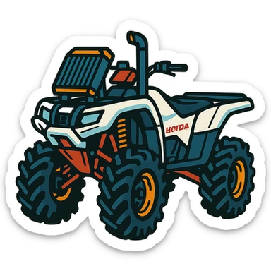 Honda 4 wheeler ATV with white plastics, a radiator relocate kit, a tall snorkel, a lift kit, and big tires, vibrant style sticker
