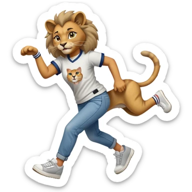 friendly anthropomorphised female lion in a baseball shirt, jeans, and trainers helping a hip-hop, RUN DMC-inspired female cat up after falling down sticker
