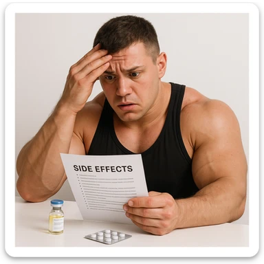 realistic beginner bodybuilder consulting list of side effects, vial of testosterone and blister of aromatase inhibitor on table, anxious expression, swollen muscles, white background, 4K quality sticker