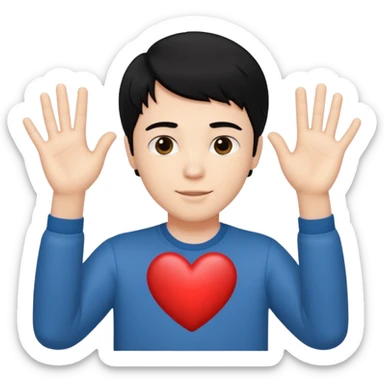 White boy with black hair holding up hands in the shape of a heart sticker